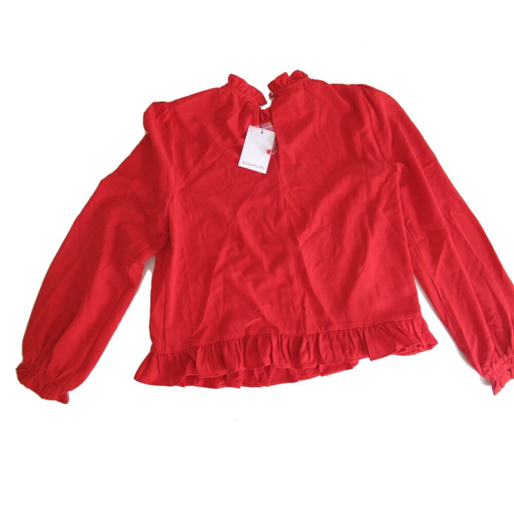 SUGARLIPS Blouse NWT Red Size Small Long sleeves Shirt Top Ruffle Trim